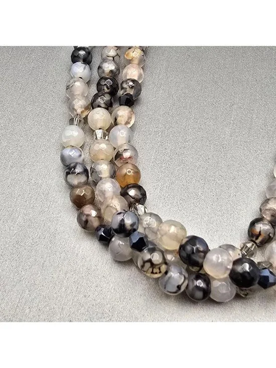 Multi-Strand Dragon Vein Agate Beaded Necklace 16" 925 Silver Clasp Undyed - Picture 4 of 13